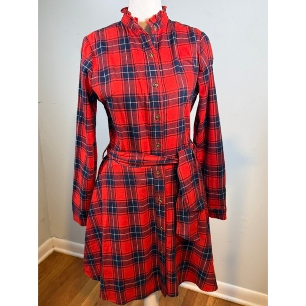 Kiel James Patrick Cozy Cabin Flannel Shirt Dress XS Red Navy Plaid Belted‎